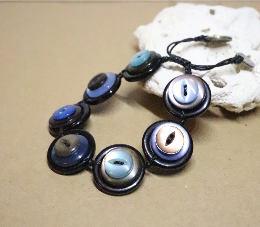 SHINY blue and brown color theme - Vintage Button Adjustable Bracelet