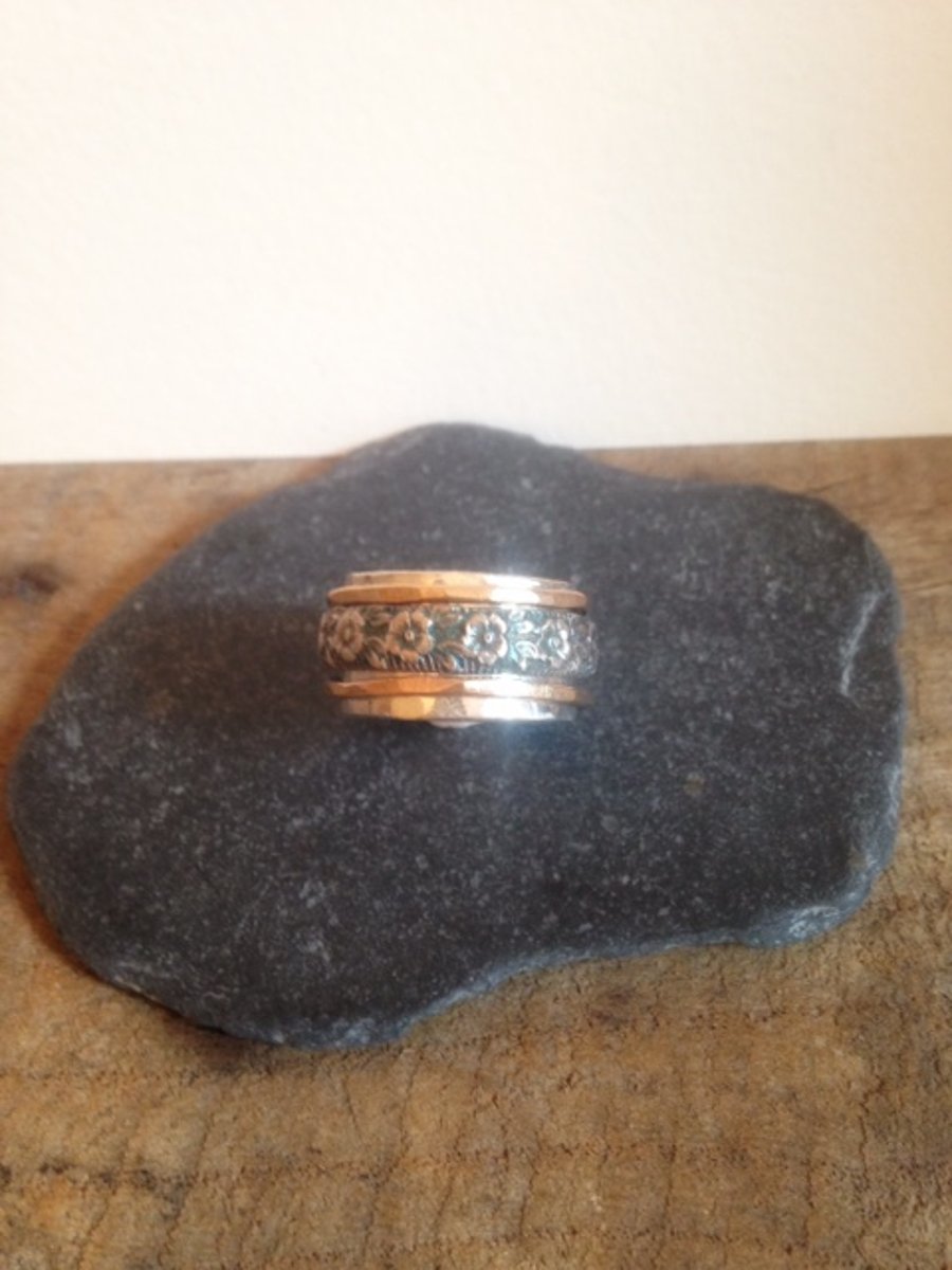 Spinner Ring - Wide Silver Ring - Mixed Metal Ring