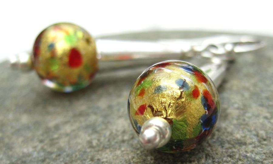 Gold Venetian Murano Glass and Sterling Silver Drop Earrings 