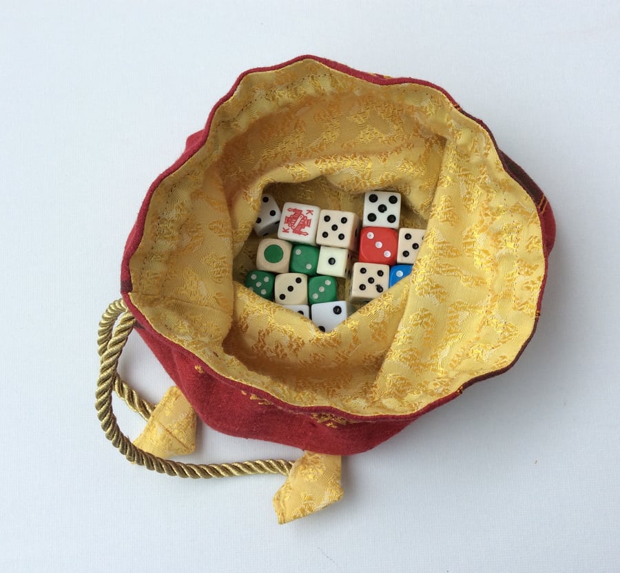 Large Drawstring  bag, gamer's dice bag, red and gold, jewellery pouch