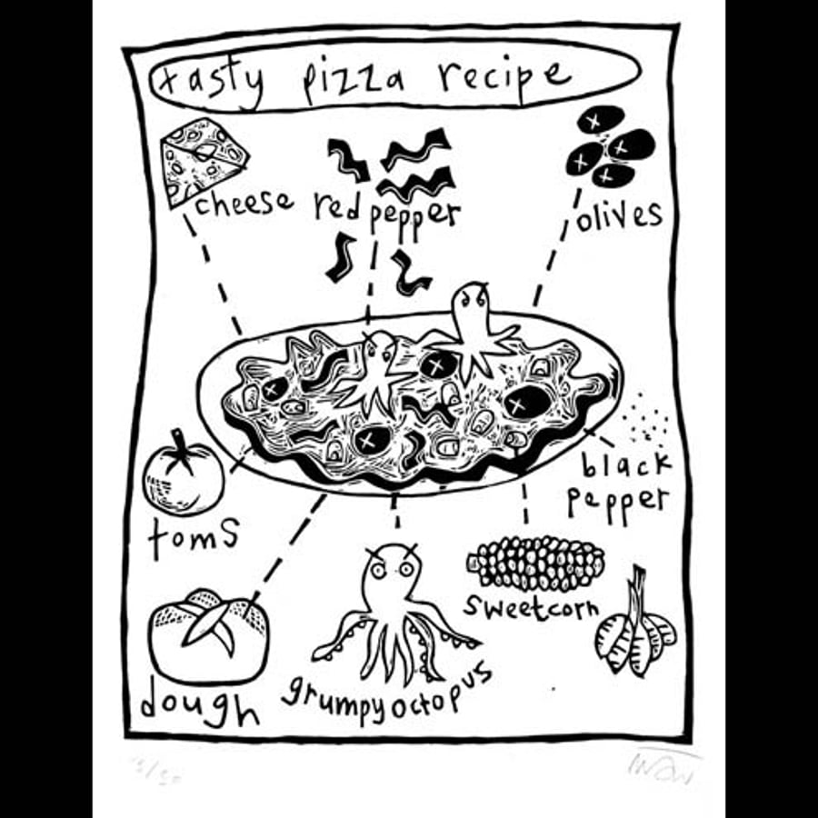 'tasty pizza' lino print