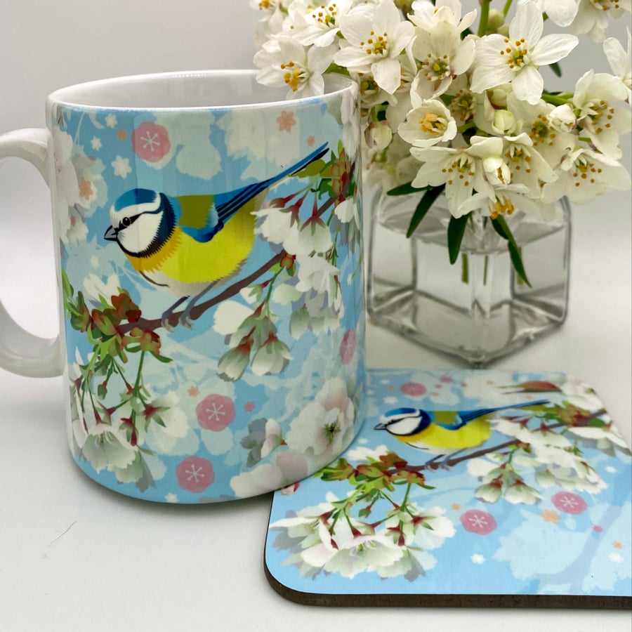 Bluetit and Cherry Blossom Ceramic Mug - matching Coaster option