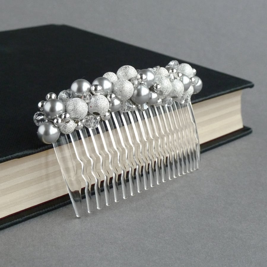 Silver Stardust Hair Comb - Light Grey Pearl and Crystal Hair Accessories