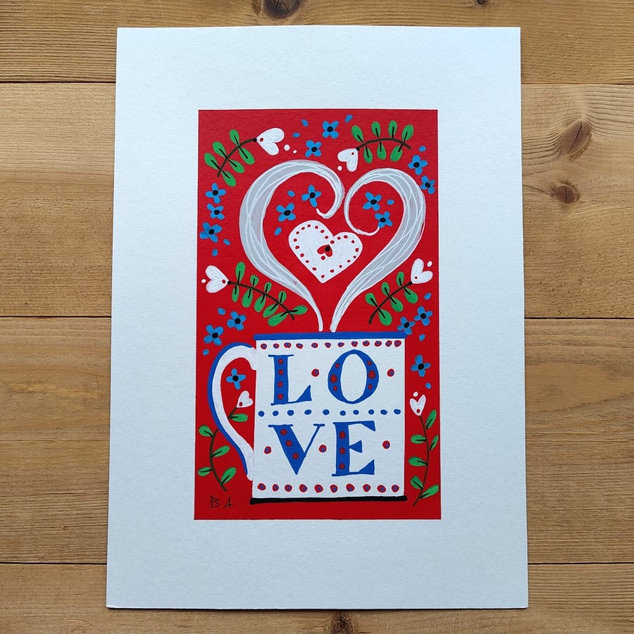 White love mug folk art painting, A5 original artwork, gift for mothers day