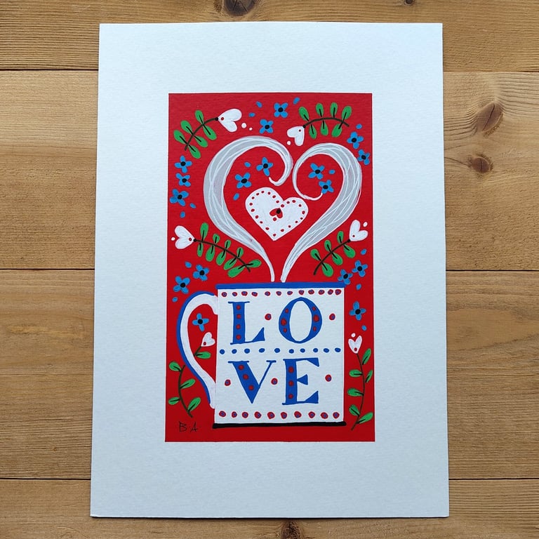 White love mug folk art painting, A5 original artwork, gift for mothers day