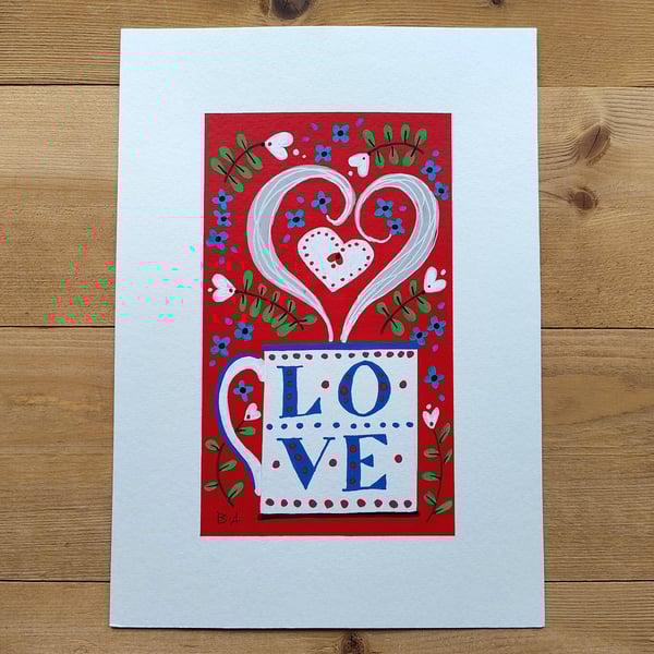 White love mug folk art painting, A5 original artwork, gift for mothers day