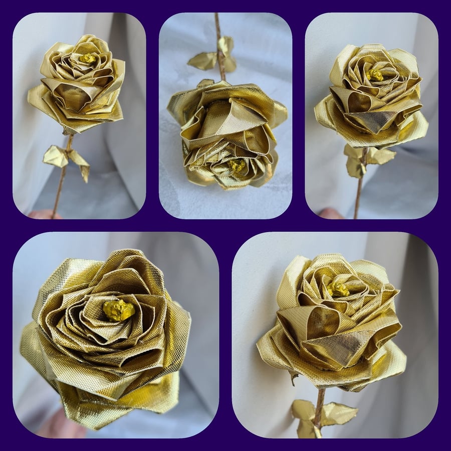 Gorgeous Handmade Gold Lame Ribbon Rose - Long Stem Artificial Flower Gift