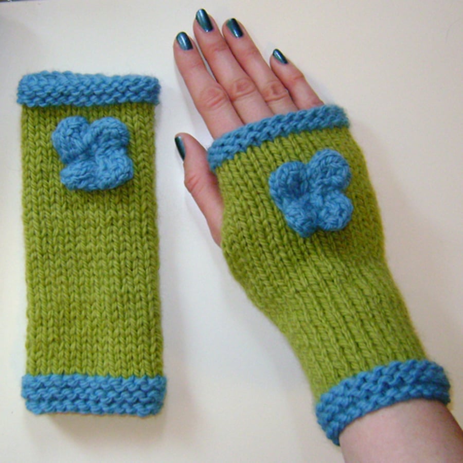 Fingerless Gloves Wrist Warmers Mittens in Lime Green & Teal Blue with Flower