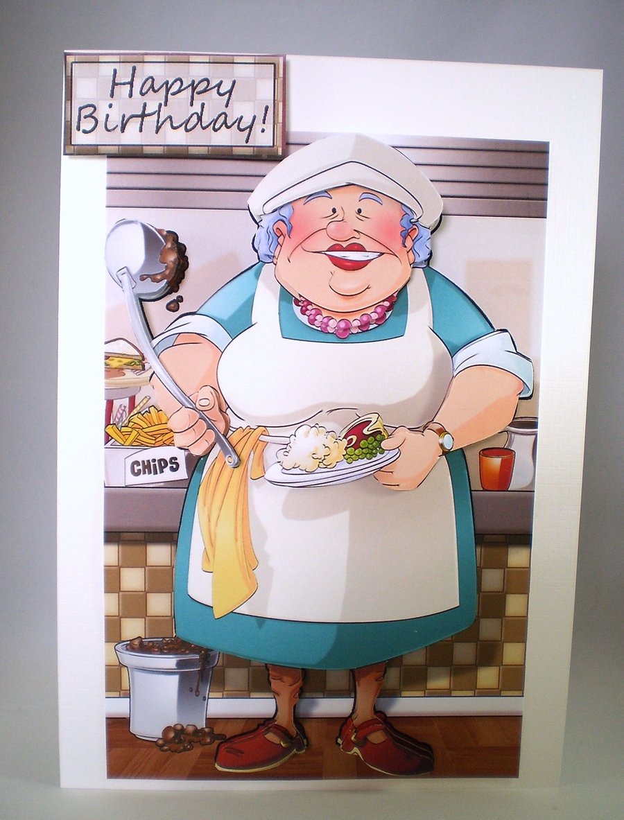 Handmade decoupage humorous dinner lady birthday card, retirement,thank you