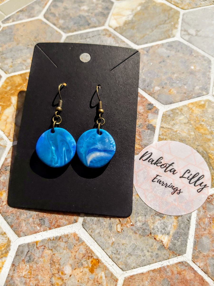 Blue and White polymer clay drop earrings on hooks