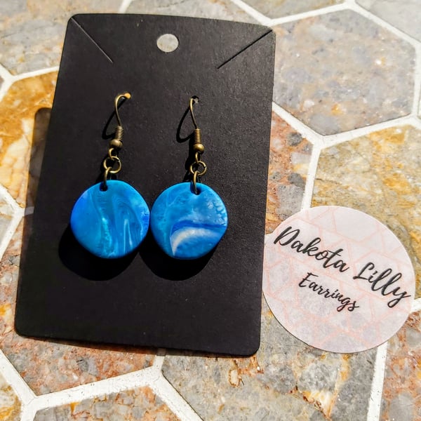 Blue and White polymer clay drop earrings on hooks