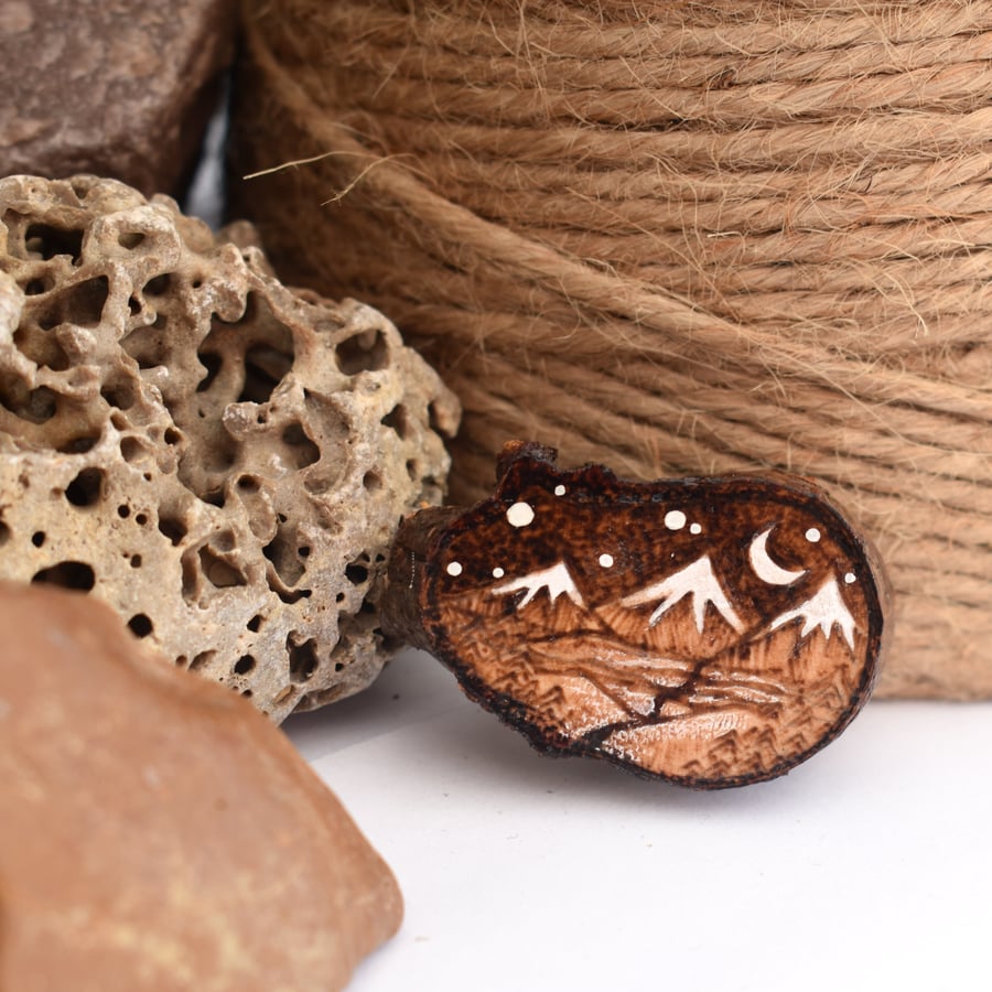 Night time mountains, wooden tree slice pyrography brooch. Rustic branch pin.