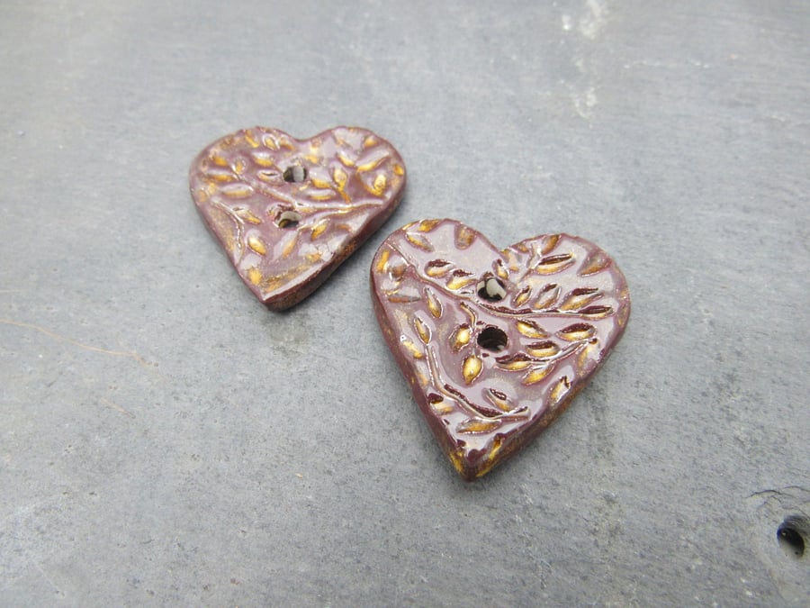 RESERVED 2 x Medium Dark Copper Leaf Sprig Texture Heart Shaped Ceramic Button