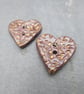 RESERVED 2 x Medium Dark Copper Leaf Sprig Texture Heart Shaped Ceramic Button