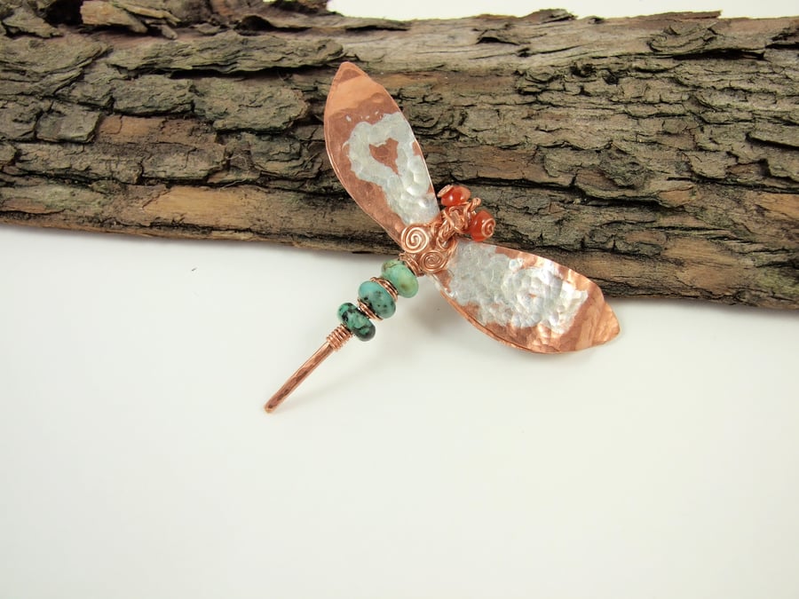 Dragonfly Brooch, Copper, Carnelian, Turquoise and Silver