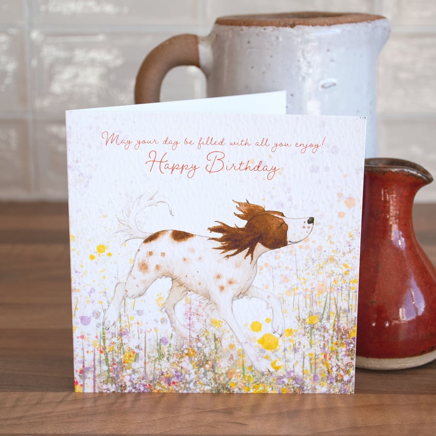 Birthday Card, Springer Spaniel, Dog, Flowers, Blank, Watercolour, Hand drawn, I