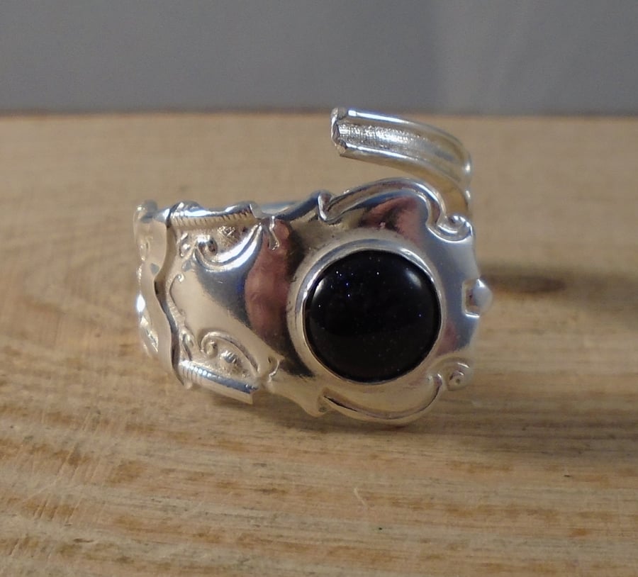 Sterling Silver Upcycled Golf Spoon Handle Ring with Blue Goldstone