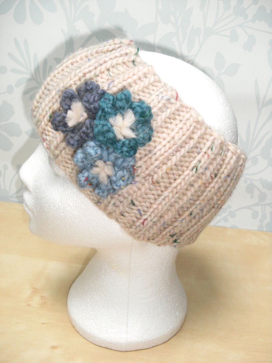 Hand knitted Double Ribbed Headband- Cream fleckMerino with blue grey flowers M