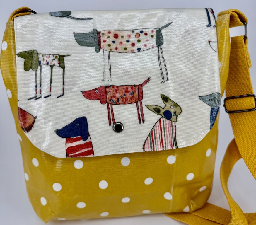 Handmade cream dog and mustard spotty cotton oilcloth crossbody bag