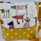 Handmade cream dog and mustard spotty cotton oilcloth crossbody bag
