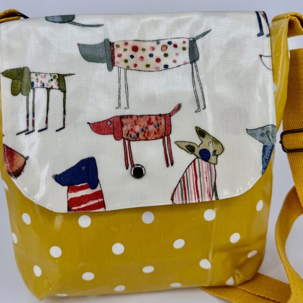 Handmade cream dog and mustard spotty cotton oilcloth crossbody bag