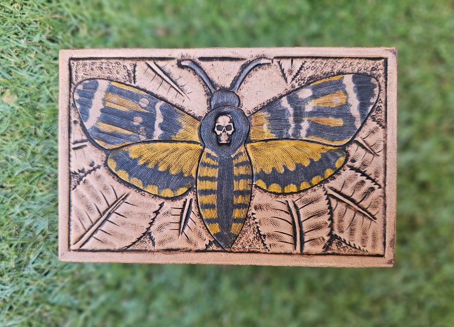 Death Head Hawk Moth Hand Tooled Leather Topped Jewellery Trinket Box