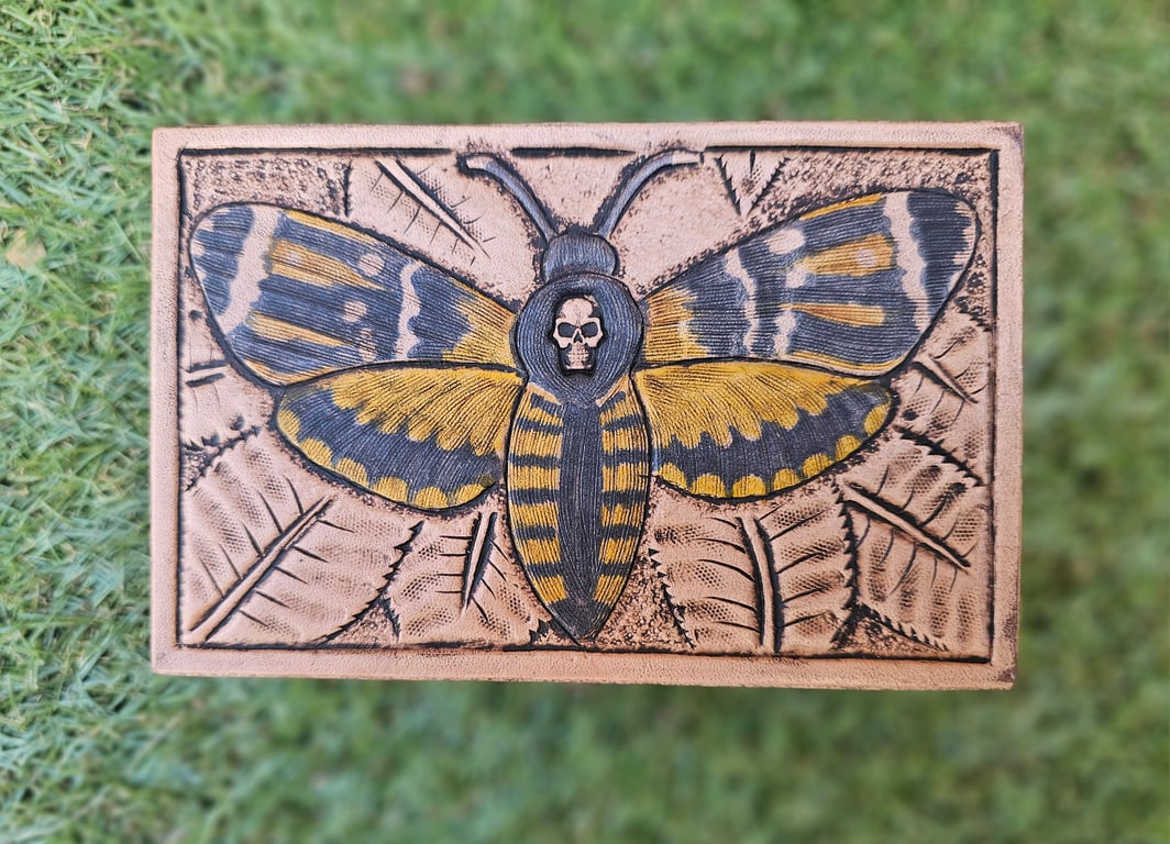 Death Head Hawk Moth Hand Tooled Leather Topped Jewellery Trinket Box