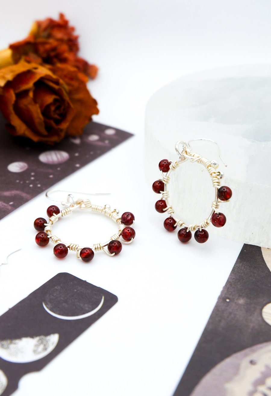 Garnet Earrings - Sterling Silver Garnet Earrings, Red Moon Garnet Earrings