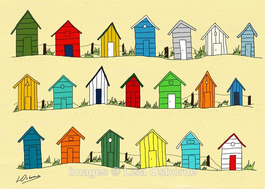 Beach Huts. Signed print. Digital illustration. Sea. Coast.