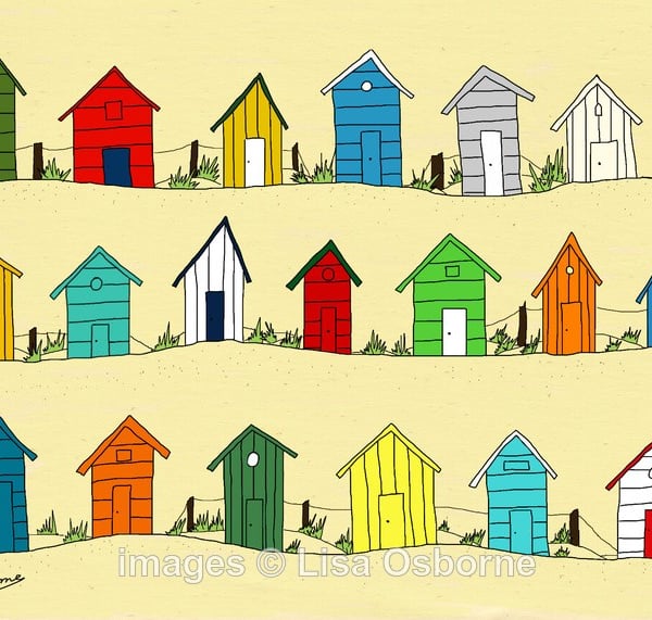 Beach Huts. Signed print. Digital illustration. Sea. Coast.