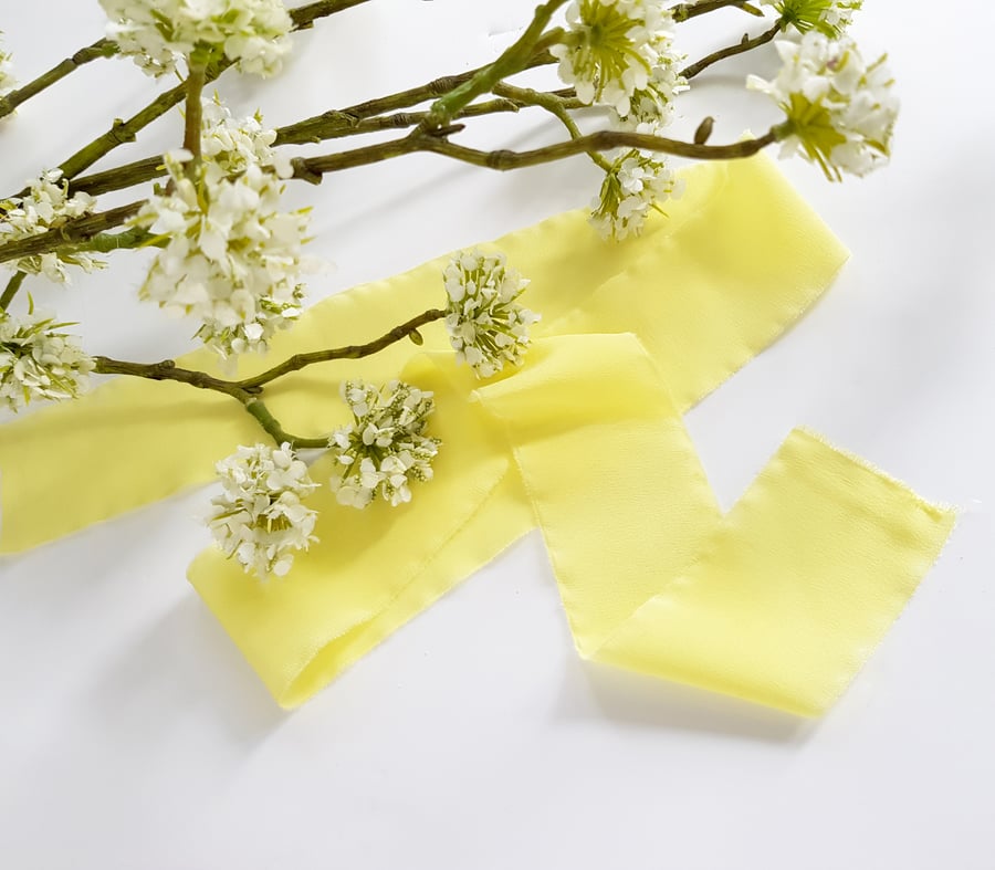 Lemon 100% silk crepe de chine ribbon with raw edge