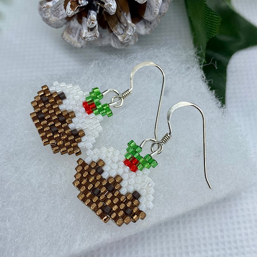 Sterling Silver Bead Weave Christmas Pudding Earrings