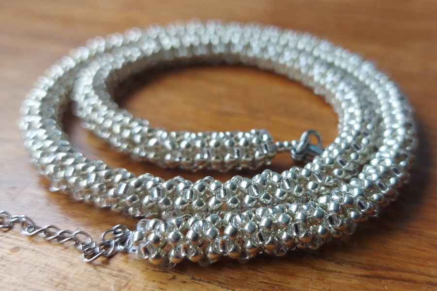 Chenille Stitch Necklace in Silver Seed Beads