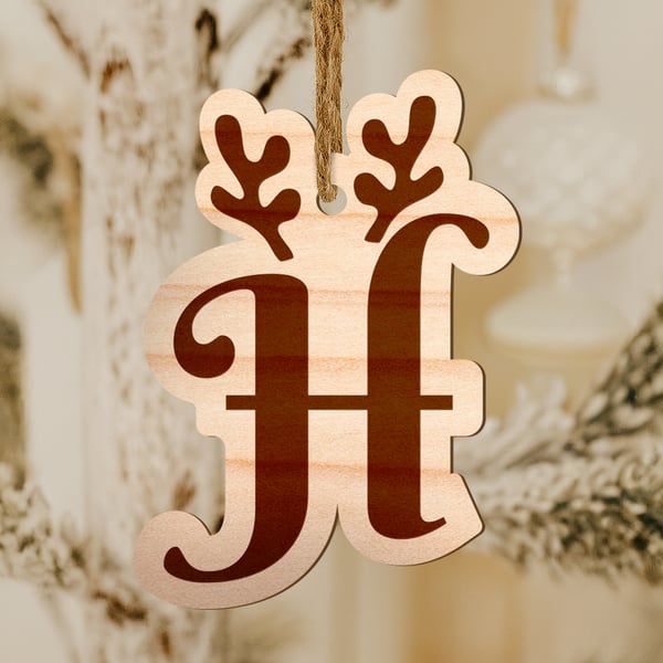 Personalised Wooden Christmas Initial Bauble Reindeer Antlers – Rustic Letter