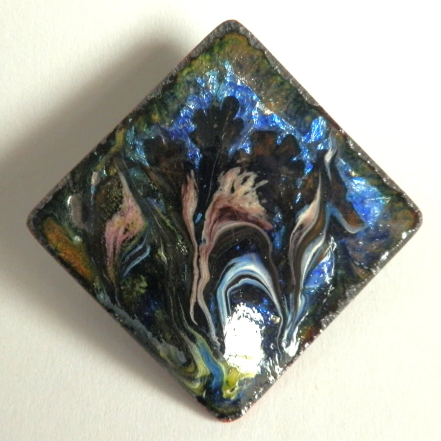 square brooch - pink, yellow and blue scrolled on midnight blue