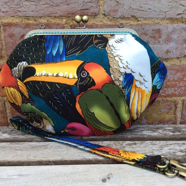Toucans Tropical Birds medium fabric frame clutch handbag, Kiss clasp