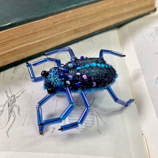 Blue beetle brooch, insect lover gift, embroidered, beaded bug pin