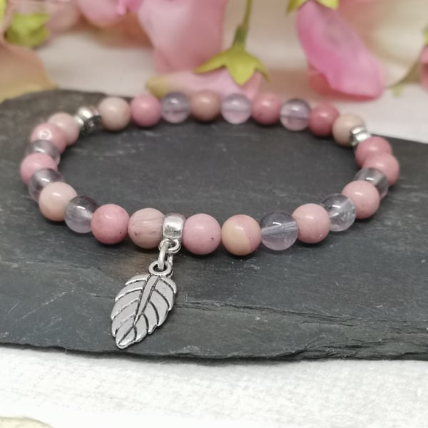 Mala bracelet with 27 amethyst and rhodochrosite stones with leaf charm