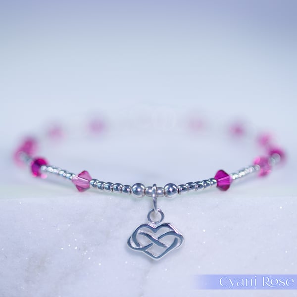 Bracelet dainty sterling silver with pink Swarovski & infinity heart charm