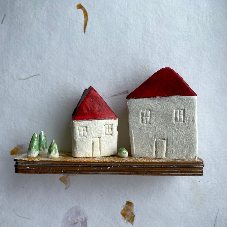 Ornaments Clay Red Roof Cottages 2 Handmade 