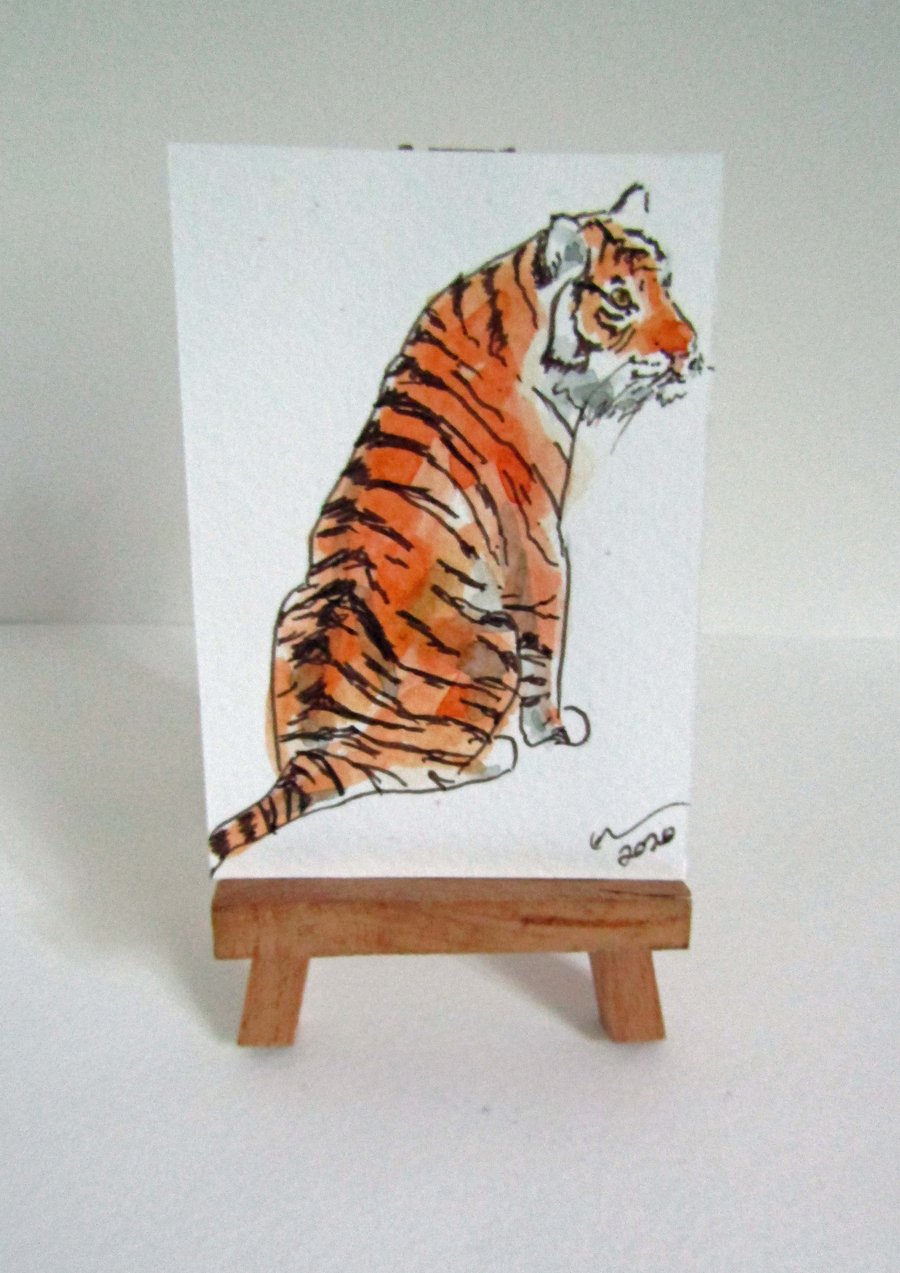 ACEO Art Sitting Tiger Original Watercolour & Ink Painting OOAK