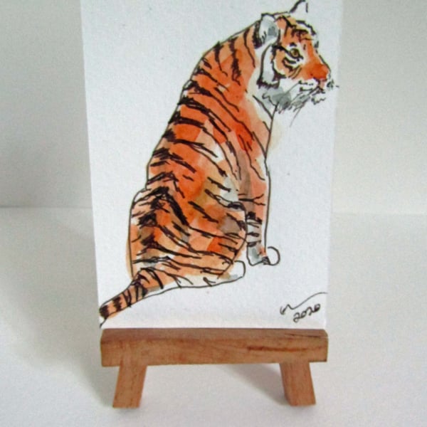 ACEO Art Sitting Tiger Original Watercolour & Ink Painting OOAK