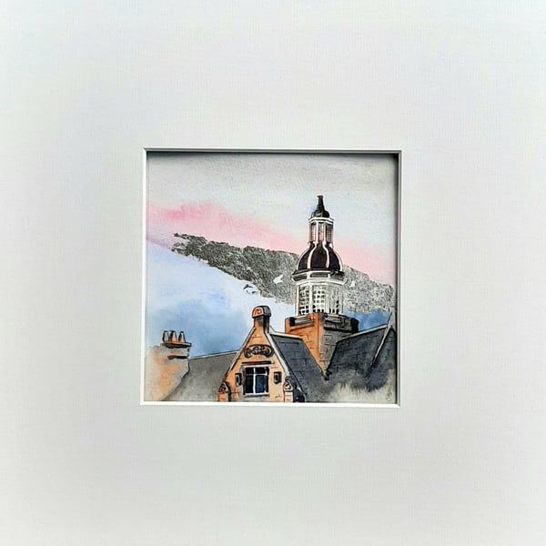 Original Watercolour with Silver Leaf. Architecture. Museum Tower. Frame Ready. 