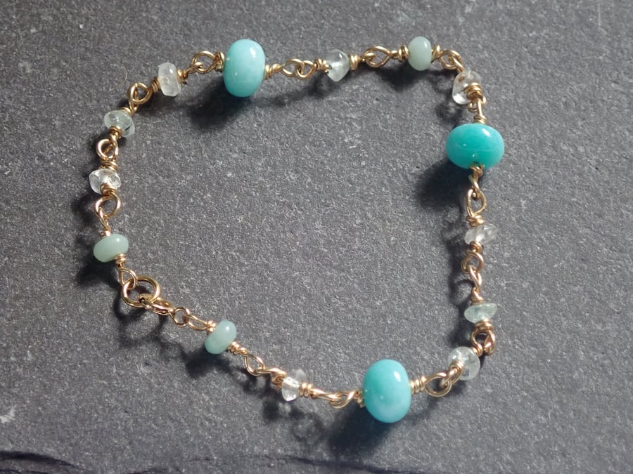 Semi Precious Beaded Bracelet - quartz,aquamarine,amazonite,moonstone, 14K Gold