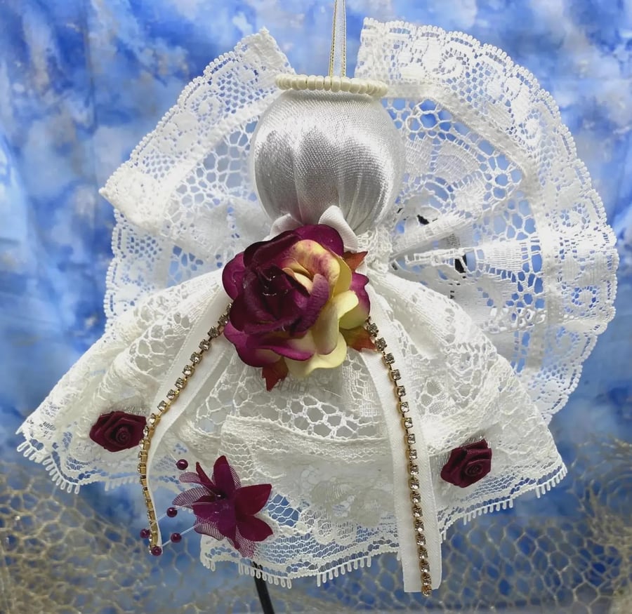 Handmade Lace Christmas Angel Decoration White Burgundy Gold No.3