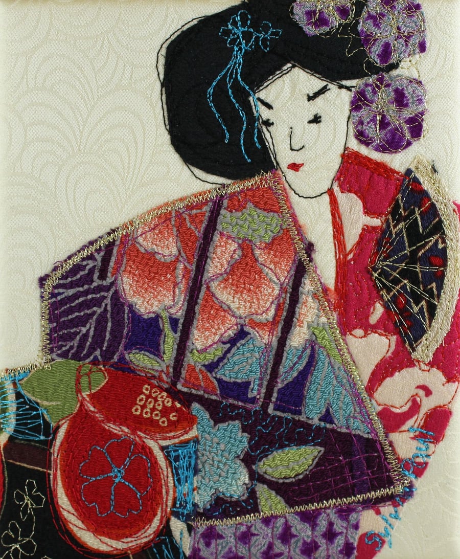 Geisha Textile Art Picture Kiku