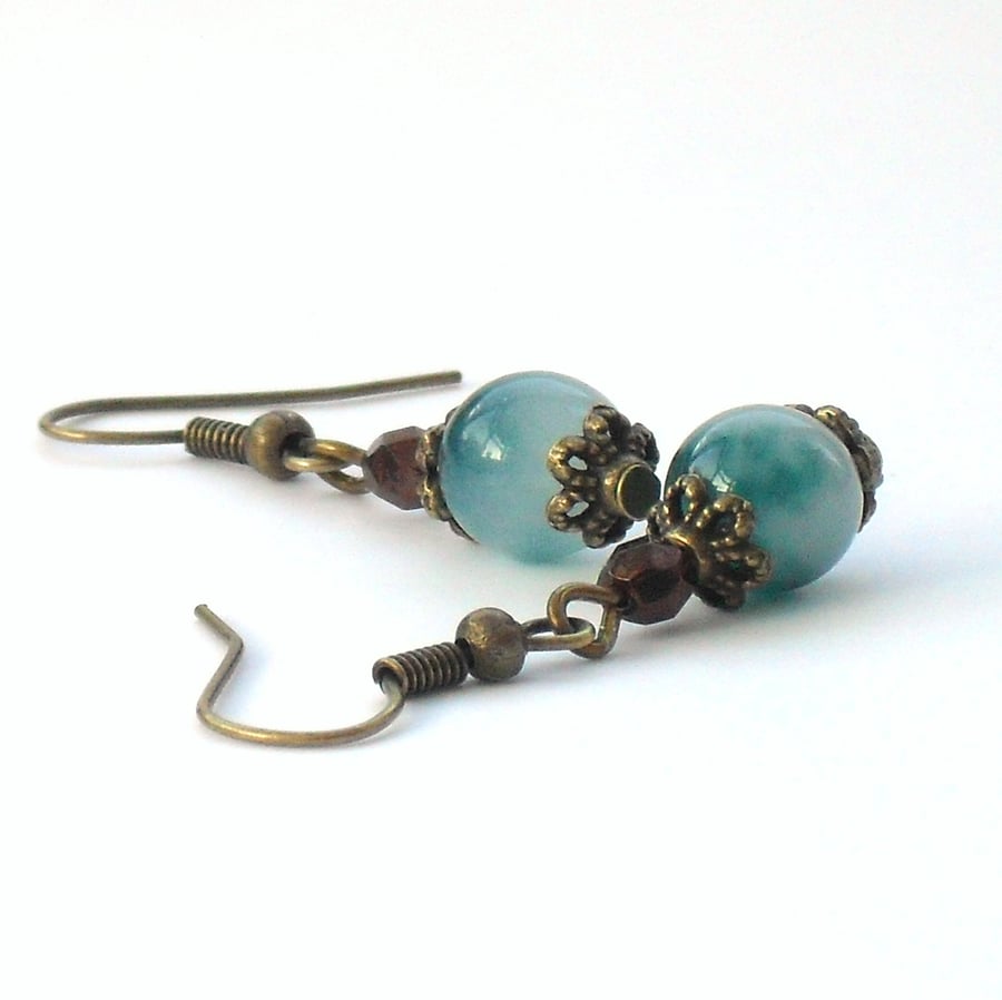 Teal green jade and brown crystal bronze earrings - vintage style
