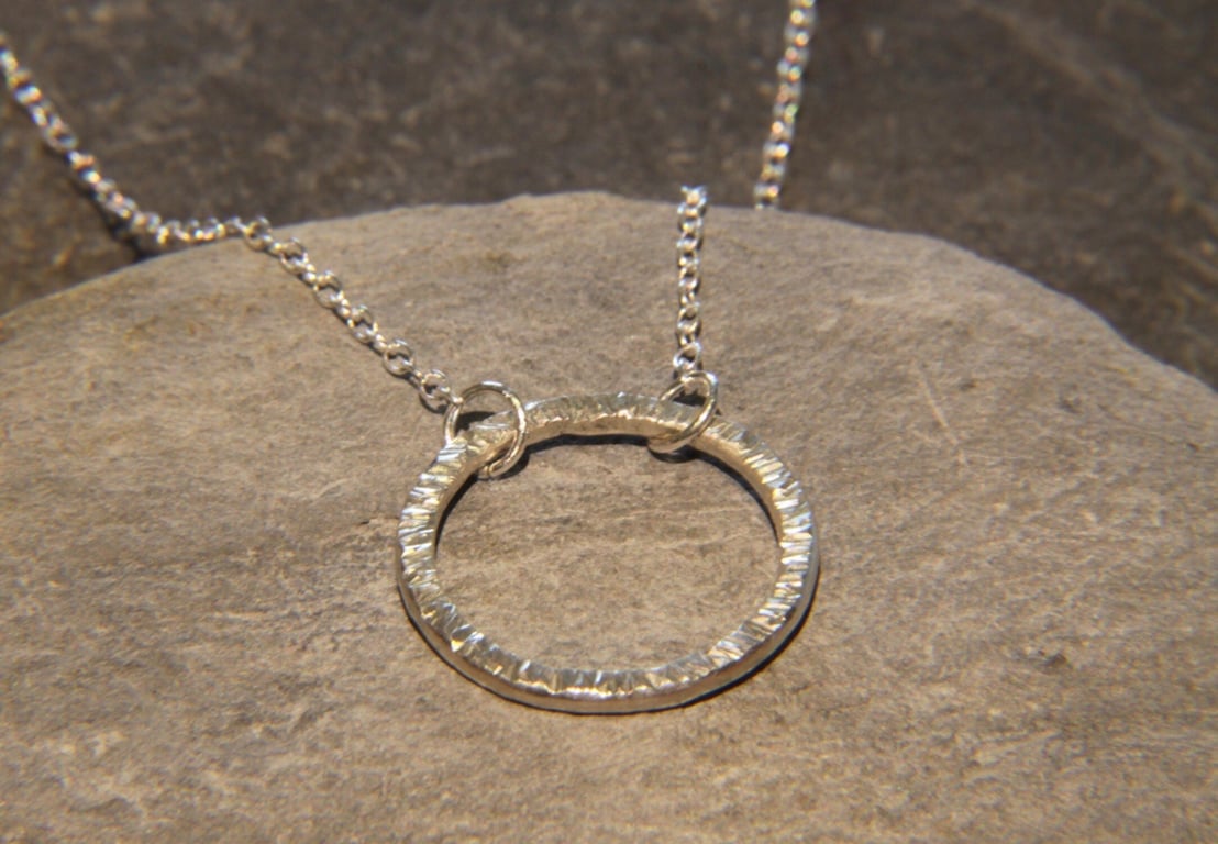 Hammered Circle Open Hoop Sterling Silver Necklace 