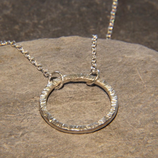 Hammered Circle Open Hoop Sterling Silver Necklace 