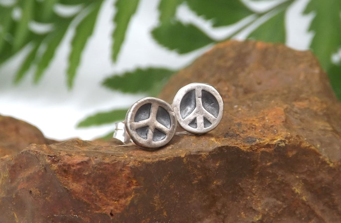 Recycled Sterling Silver Peace Sign Stud Earrings with Black Patina.